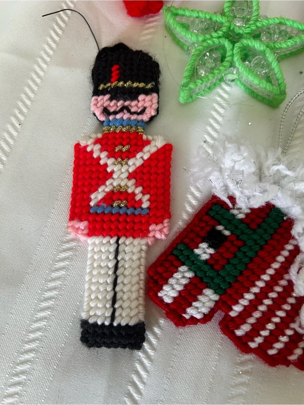 Vintage Plastic Canvas Christmas Ornament Set Santa Elf Angel Spice Box Candle